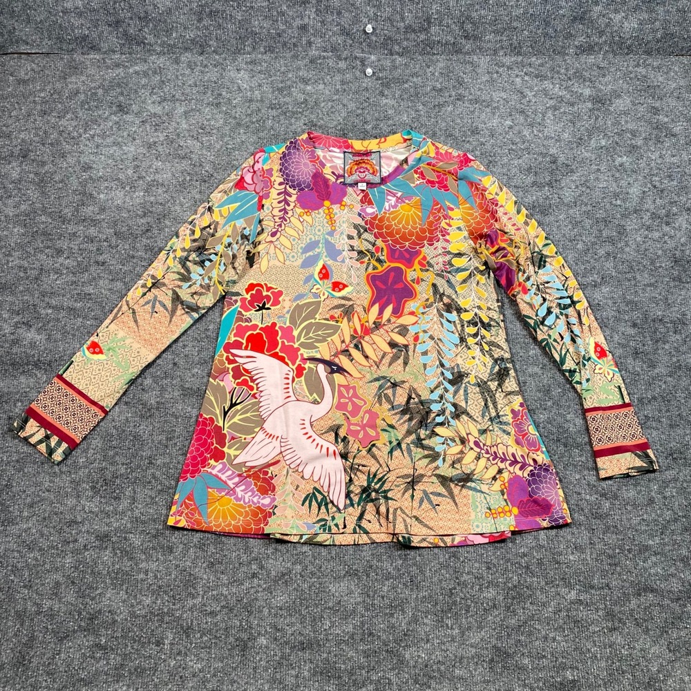Johnny Was Getsu Favorite Long Sleeve Swing Tee Multi Color Floral Crane Small